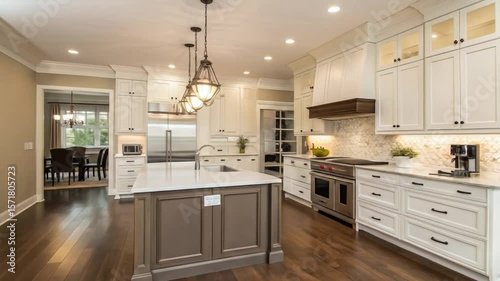 Modern kitchen design ideas: white cabinets, island, hardwood floors, and pendant lighting inspiration