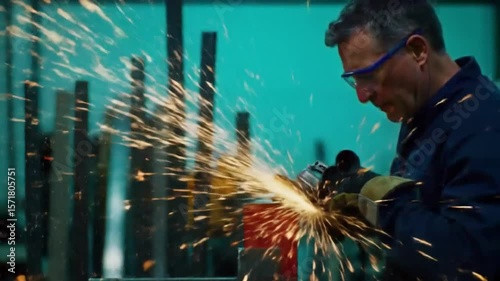 Man in safety glasses grinding metal with sparks flying in a workshop environment scene shot