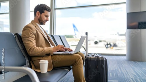 Airport businessman working laptop