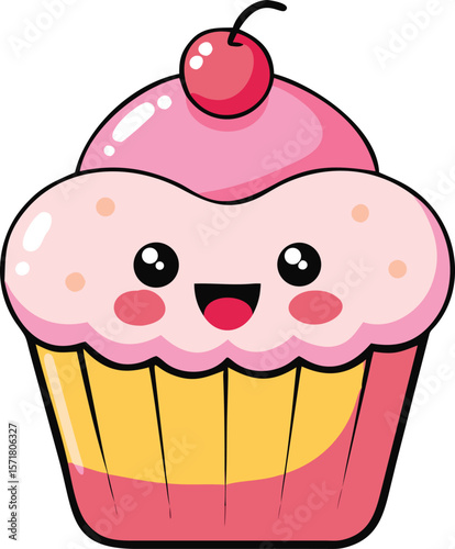 Cute kawaii cupcake with pink frosting and cherry on top. Happy cartoon dessert character vector illustration.

