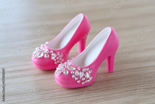 Two pink jewelencrusted highheeled shoes sit on a light woodgrain surface