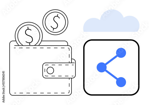 Open wallet with coins, sharing icon within a square and a cloud above it. Ideal for finance, technology, e-commerce, data security, digital transfers, online banking, simple landing page