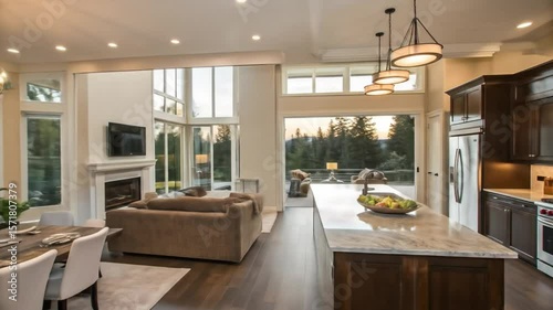 Modern open concept kitchen living room design ideas with fireplace and large windows for home decor