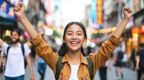 Happy woman celebrating in city