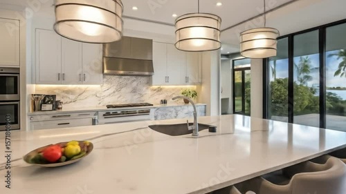 Modern kitchen design ideas: luxury marble countertops, island seating, and outdoor dining area view