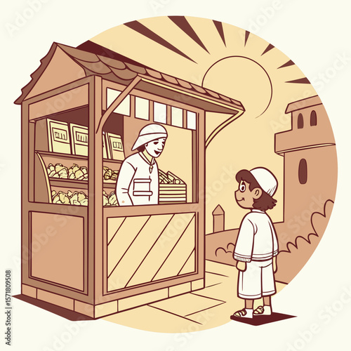 Vintage Street Market Scene Vector – Sepia Flat Illustration of Child at Old-Fashioned Vendor Stall with Traditional Outfits, Evoking Nostalgia, Simplicity, and Historical Community Life

