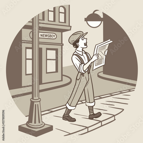 Vintage Newsboy Vector Illustration – Sepia-Toned Street Scene with Classic Lamppost and Newspaper Seller Holding Headlines, Evoking Historical Media and Urban Nostalgia

