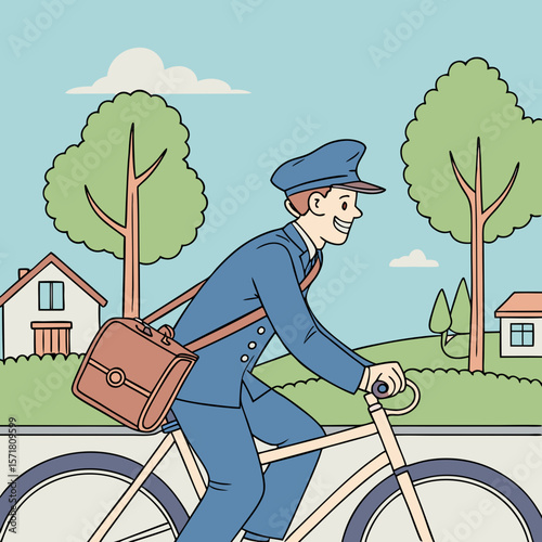 Happy Mailman on Bicycle Vector – Friendly Postman in Blue Uniform with Bag Riding Through Suburban Neighborhood on Sunny Day, Flat Style Illustration of Mail Delivery and Community Service

