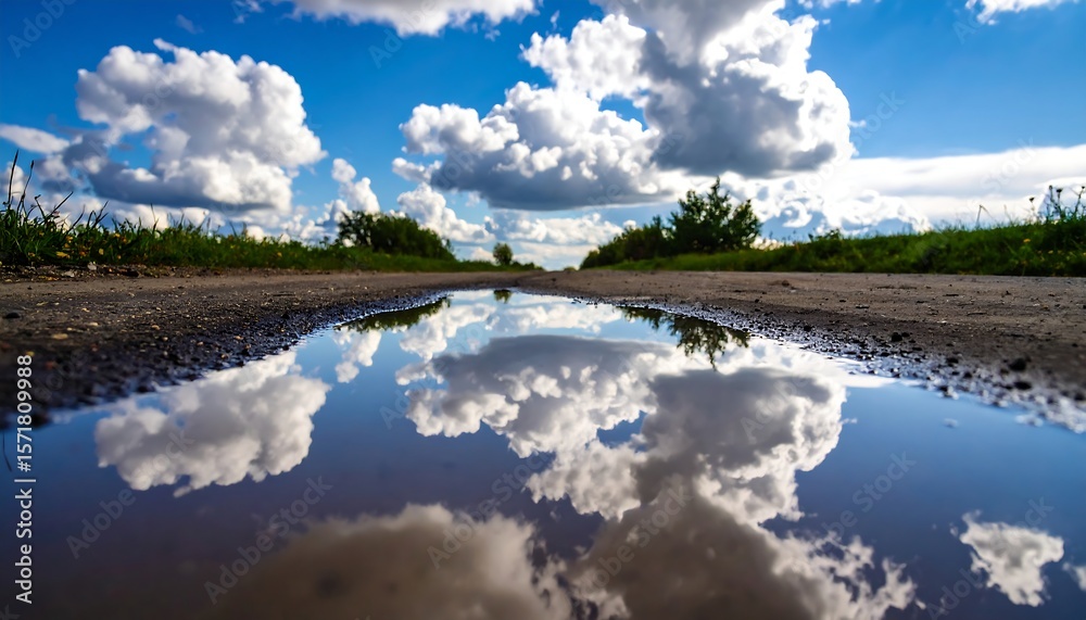 Fototapeta premium Puddle reflecting a sky of clouds