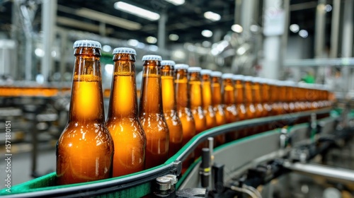 Bottles on a conveyor belt in a brewery