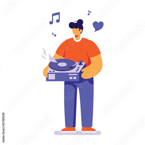 Person Joyfully Holding Vintage Turntable with Vinyl Record