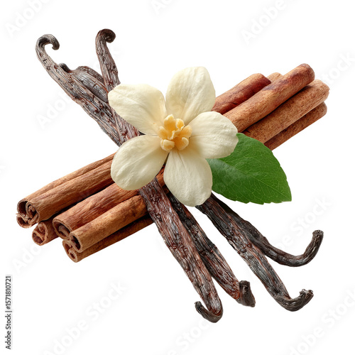 Aromatic vanilla beans and cinnamon sticks combined with delicate flower