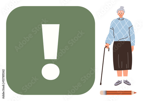 Elderly woman standing with cane wearing sweater and skirt. Green square with exclamation point and a pencil emphasize alertness, writing, or advocacy. Ideal for health, safety, advice, awareness