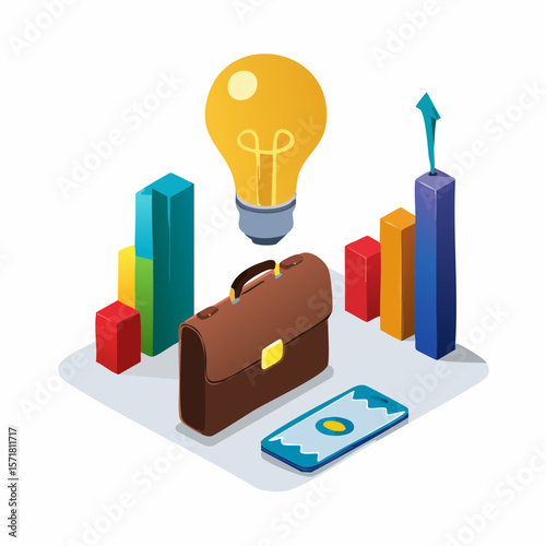 A set of flat design vector icons representing various business concepts, including a briefcase, bar chart, lightbulb, and handshake. The icons are simple, colorful, and easily recognizable, making th