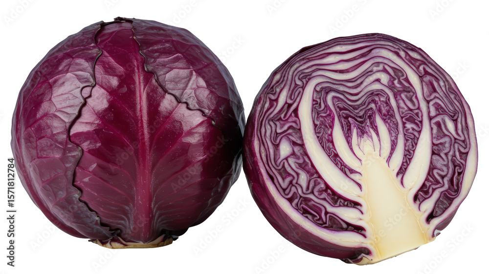 Obraz premium Whole and Halved Red Cabbage PNG on Transparent Background