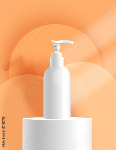 White cosmetic bottle with dispenser on orange background. Template for body care products.