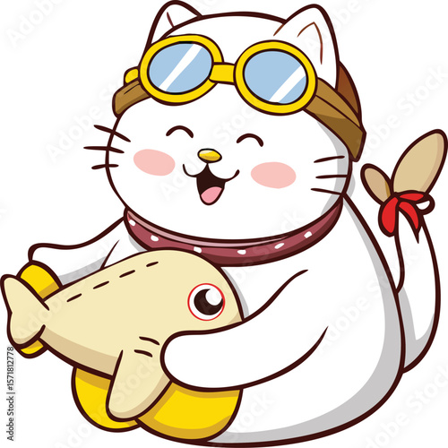 Cute cartoon pilot cat holding airplane toy. Happy kawaii aviator kitten vector illustration.
