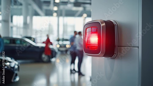 Contemporary car dealership, red security light flashes intermittently. Customers are actively browsing the latest models and new vehicles on display under the daylight streaming through large window
