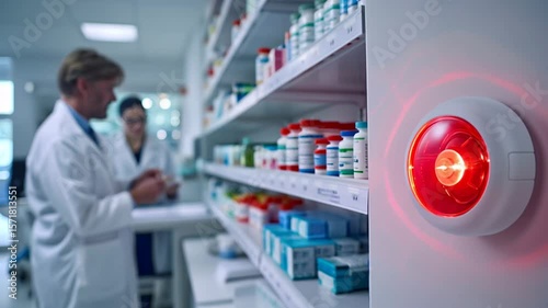 Red alarm light urgently flashes at pharmacy, contrasting with the bright daylight as pharmacists diligently work near shelves stocked with a wide array of medicines