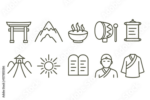 Japanese culture outline icon set. traditional, heritage, line art icons collection
