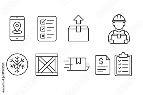 Delivery and logistics icon set: shipping, tracking, outline style illustrations