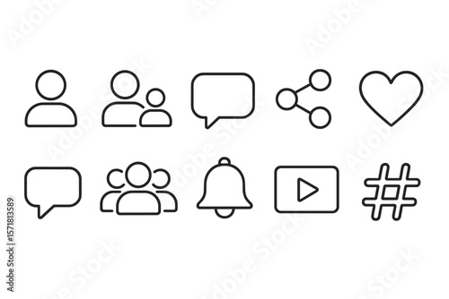 Social media line icon set: people, messaging, and interaction icons collection