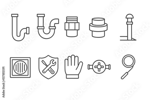 Plumbing, maintenance outline icon set. pipes, tools, repair symbols outline collection