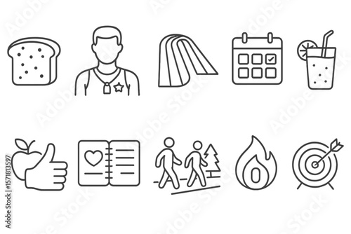 Lifestyle and wellness linear icon set. flat symbols of health, fitness, relaxation