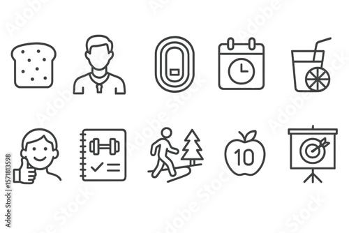 Fitness and wellness outline icon set. healthy lifestyle, exercise, diet symbols