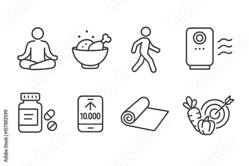 Health and fitness icon set. outline wellness, nutrition, exercise icons collection
