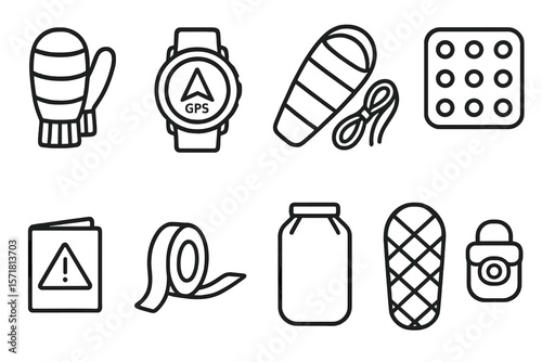 Camping gear outline icon set. equipment, outdoor, adventure, hiking icons collection