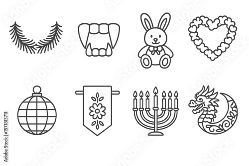Holiday and celebration line icon set. festive, decorative, themed outline collection