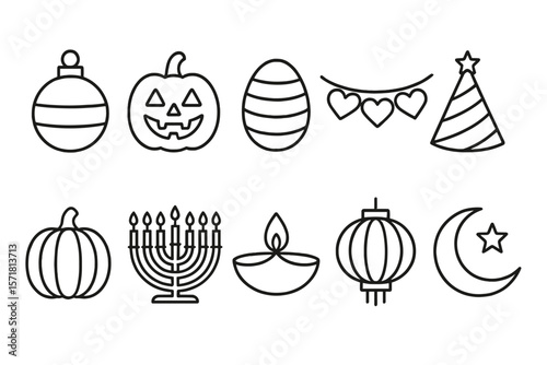 Holiday, festival line icon set. celebrate seasons with outline festival icons