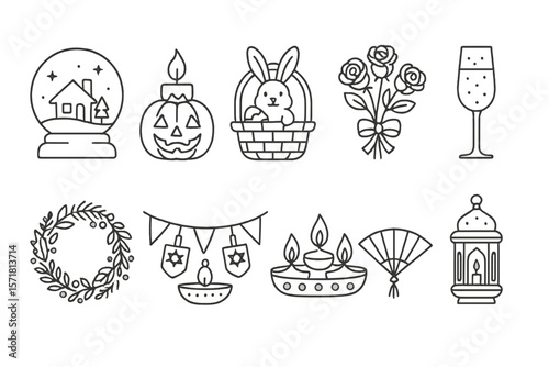 Holiday celebration outline icon set. festive, seasonal, party, symbols, outline collection
