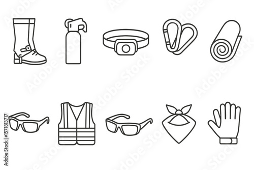Camping and hiking outline icon set. outdoor equipment, adventure symbols collection
