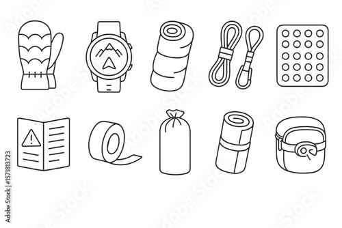 Camping essentials icon set. outdoor gear, hiking accessories in line style icons