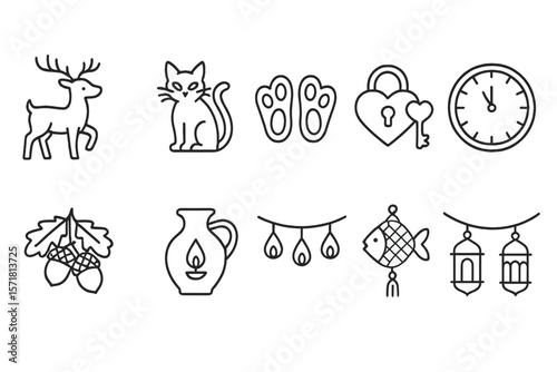 Animal and nature line icon set. decorative, minimalistic, holiday outline icons