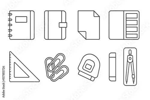 Office supplies icon set. essential workspace tools linear collection
