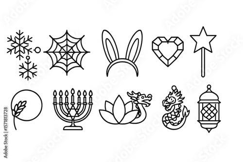 Holiday and celebration outline icon set. festive, cultural symbols collection.