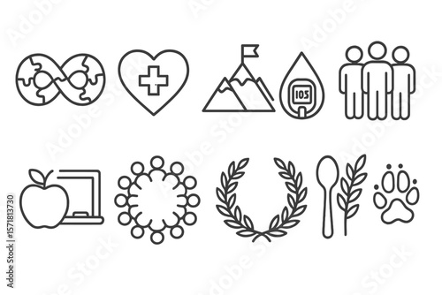 Health and wellness line icon set. fitness, nutrition, community line icons collection
