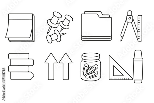 Office essentials icon set. minimalist outline icons for stationery and organization