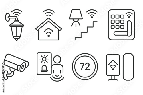 Smart home security outline icon set. devices, automation, surveillance icons collection