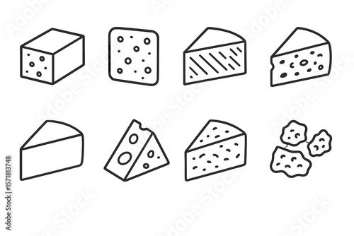 Cheese and dairy outline icon set. assorted cheese slices and blocks collection