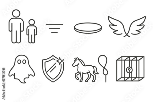 Family and fantasy line icon set. silhouette design of people, ghost, unicorn, wings
