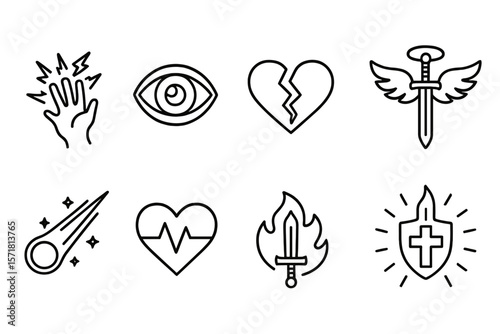 Fantasy and magic icon set. enchantment, spells, sorcery icons linear collection