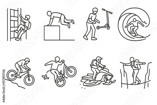 Adventure sports line icon set. climbing, surfing, biking, scootering in outline style