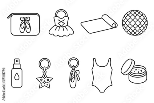 Ballet essentials outline icon set. dance, pointe shoes, tutu, fitness, keychain icons