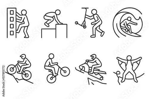 Outdoor adventure linear icon set. climbing, biking, surfing, and more line icons