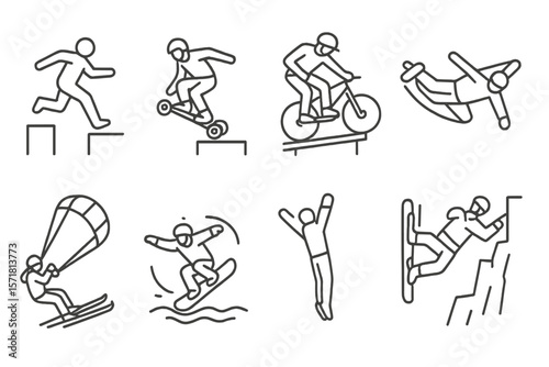 Extreme sports line icon set. skateboarding, cycling, parkour linear collection