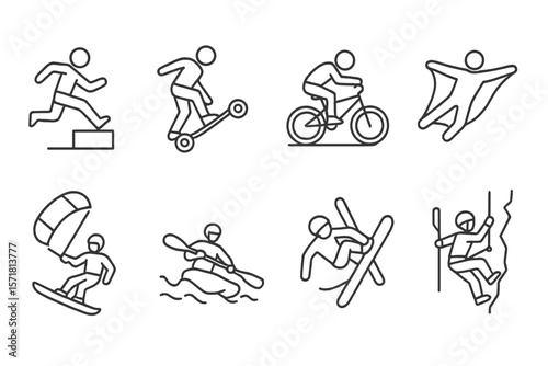 Outdoor activities line icon set. hiking, biking, extreme sports linear collection